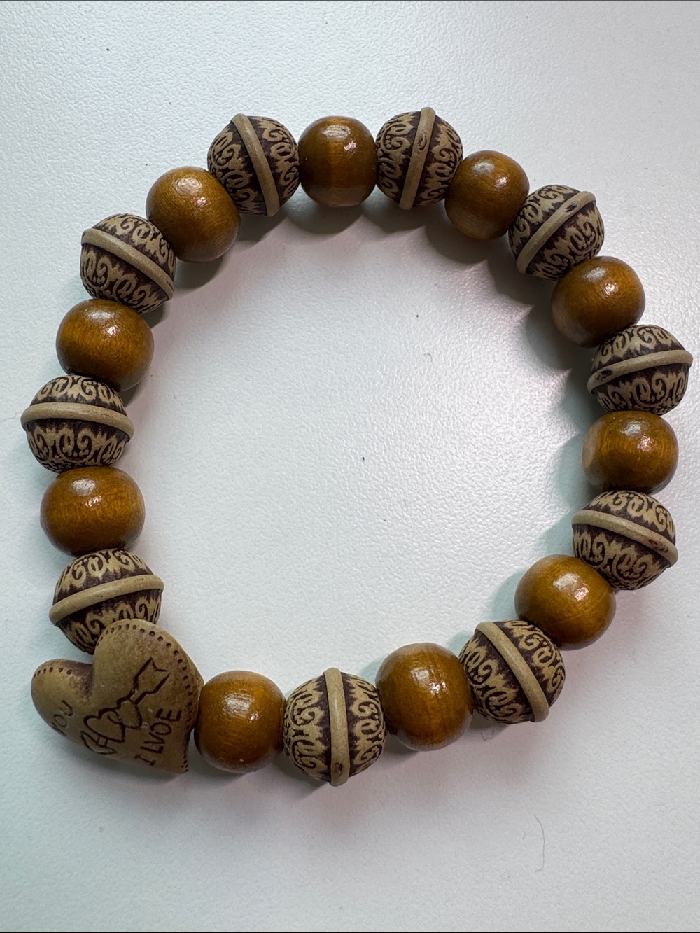 Wood Bead Stretch Bracelet with Heart Accent - Brown